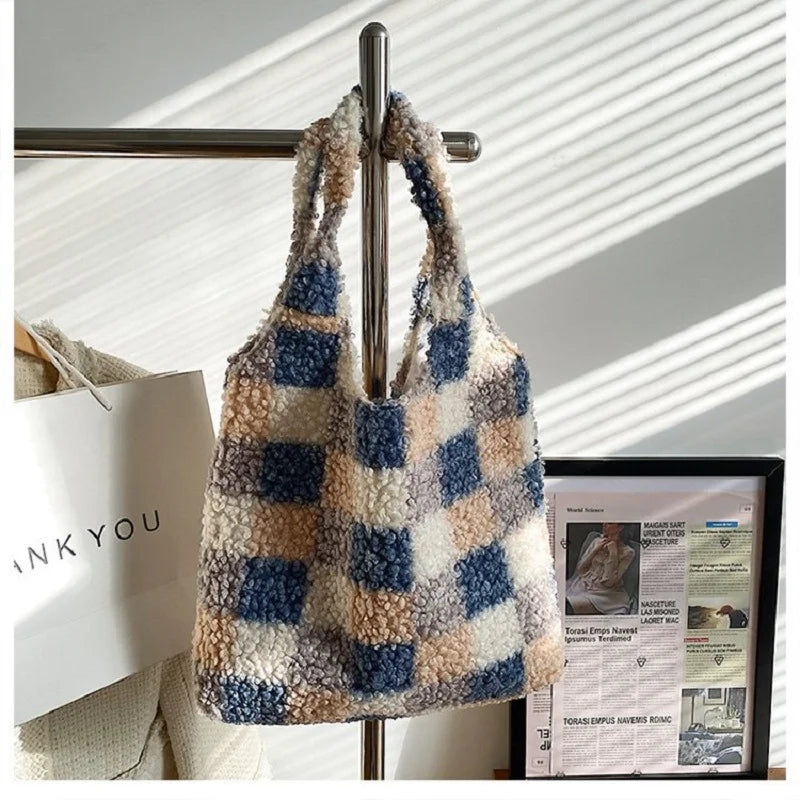 Winter Checkered Plush Shoulder Bag Lamb Wool Fleece Tote Purse