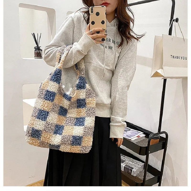 Winter Checkered Plush Shoulder Bag Lamb Wool Fleece Tote Purse