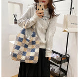 Winter Checkered Plush Shoulder Bag Lamb Wool Fleece Tote Purse