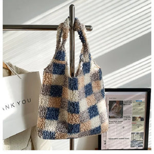 Winter Checkered Plush Shoulder Bag Lamb Wool Fleece Tote Purse