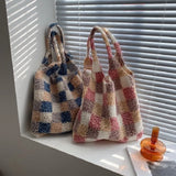 Winter Checkered Plush Shoulder Bag Lamb Wool Fleece Tote Purse