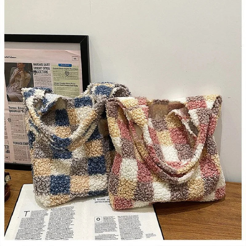 Winter Checkered Plush Shoulder Bag Lamb Wool Fleece Tote Purse