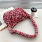 Women Winter Soft Plush Red Leopard Shoulder Bags Female Cow Print Underarm Bag