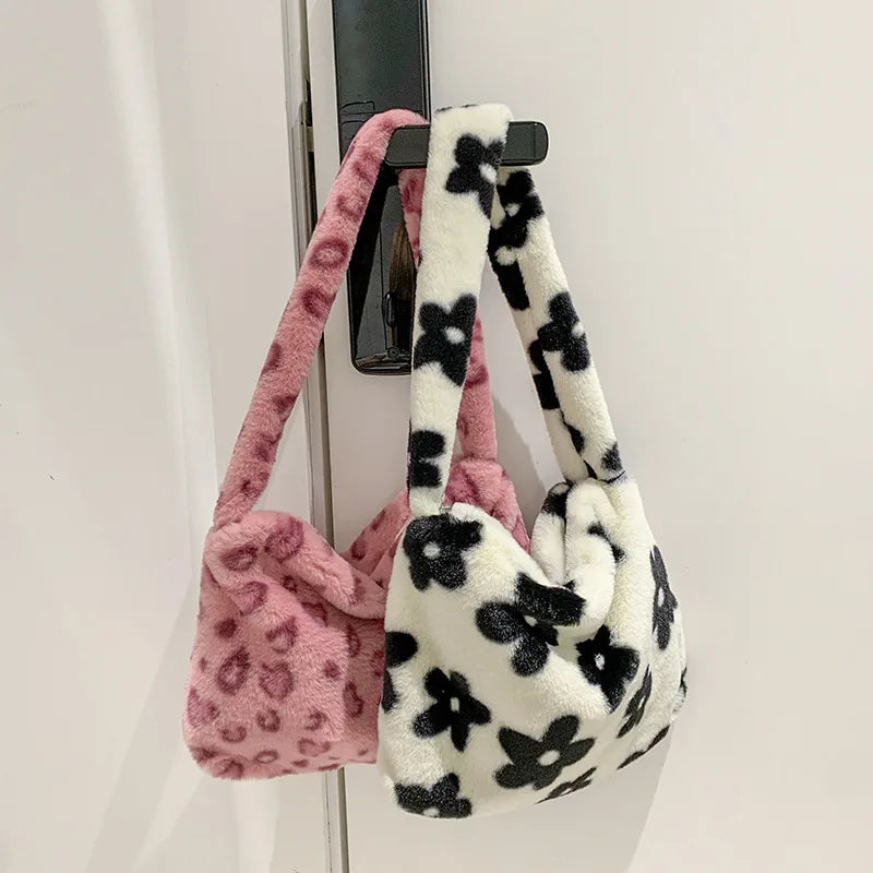 Women Winter Fluffy Purse Pink Leopard Print Shoulder Bag