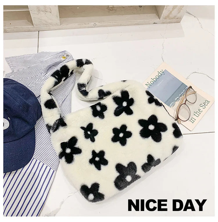 Women Winter Fluffy Purse Pink Leopard Print Shoulder Bag