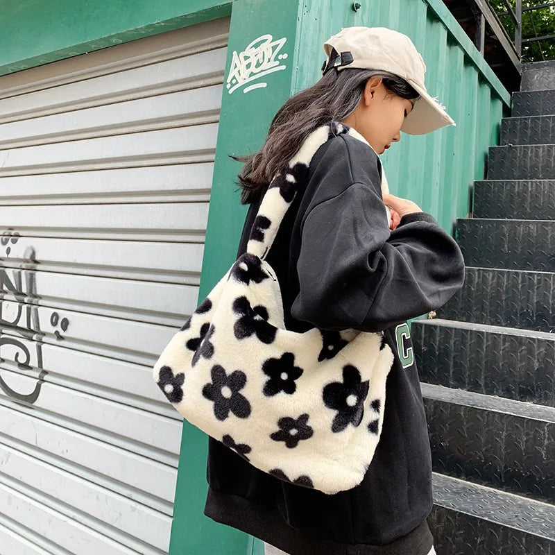 Women Winter Fluffy Purse Pink Leopard Print Shoulder Bag