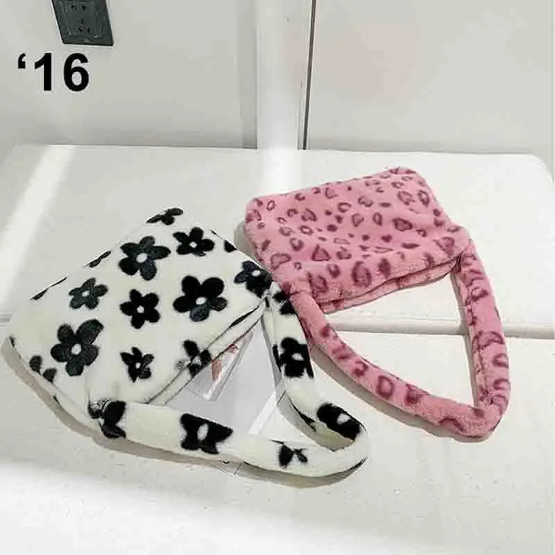 Women Winter Fluffy Purse Pink Leopard Print Shoulder Bag