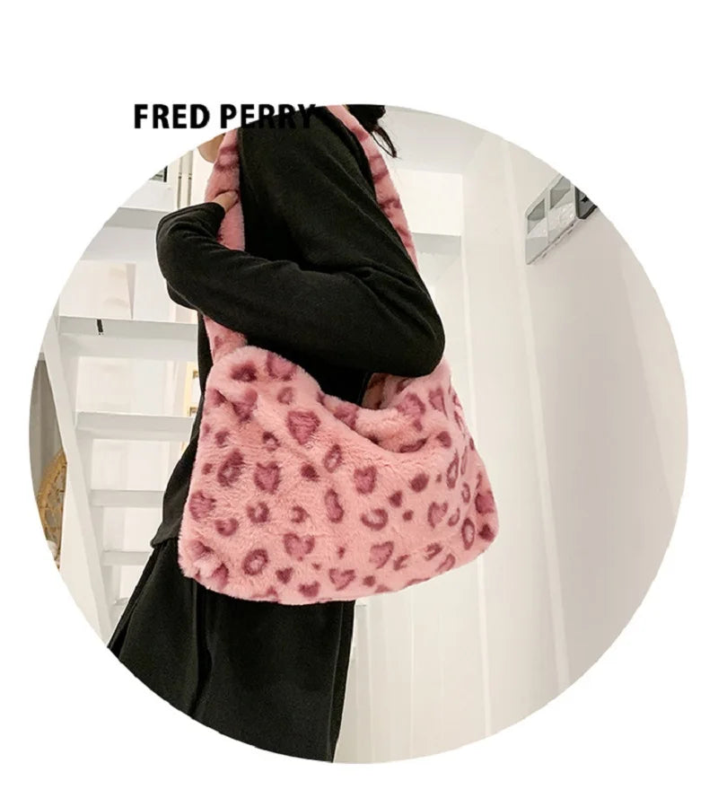 Women Winter Fluffy Purse Pink Leopard Print Shoulder Bag