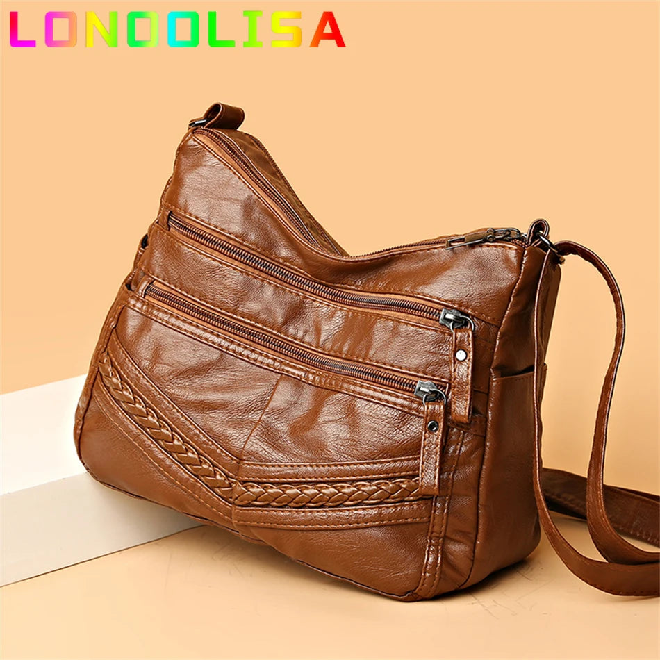 Women's 2 Layers Casual Handbags Retro Shoulder Crossbody Bags Soft Leather
