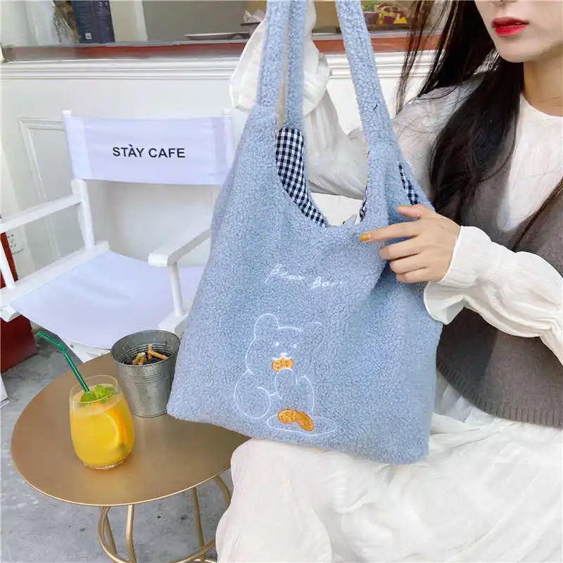 Women's Lamb Wool Bear Fabric Shoulder Bag Canvas Handbag