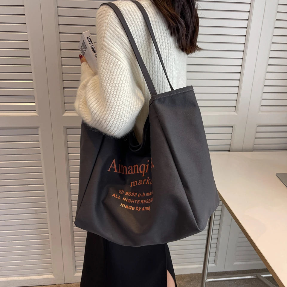 Casual Large Capacity Shoulder Bags Shopper Cotton Cloth Tote Solid Zipper Handb