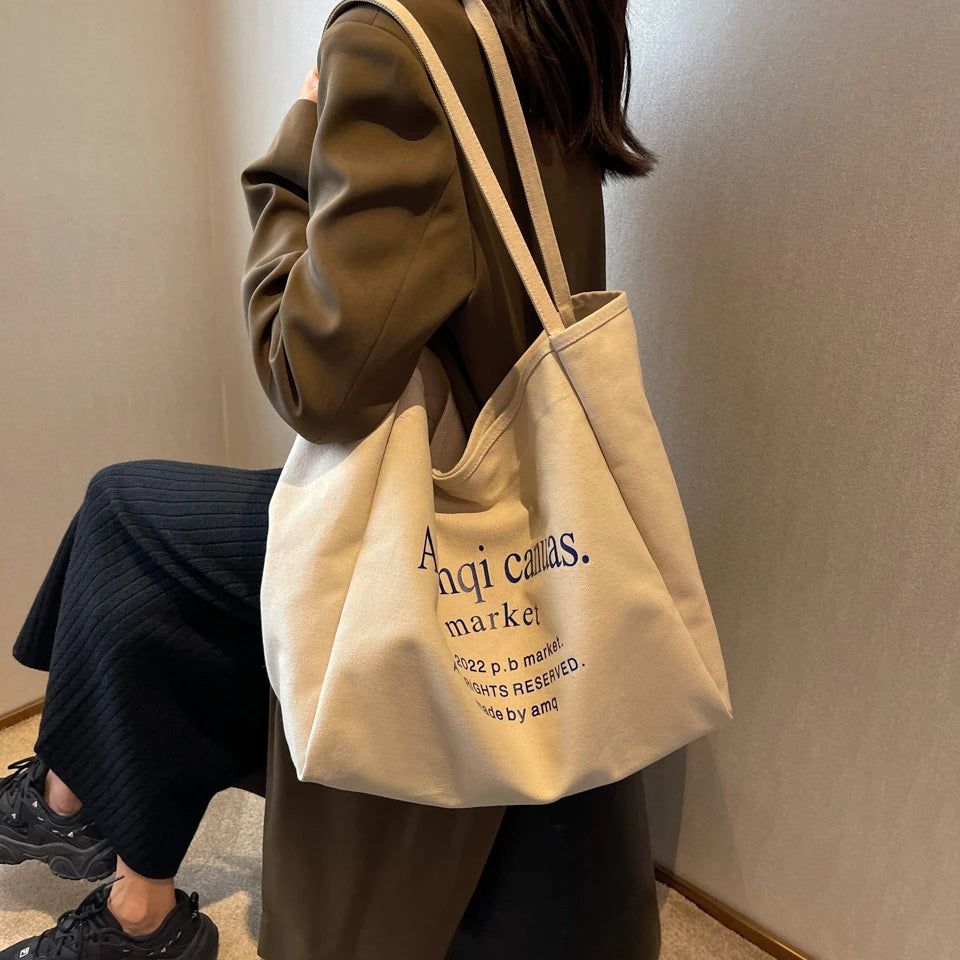 Casual Large Capacity Shoulder Bags Shopper Cotton Cloth Tote Solid Zipper Handb