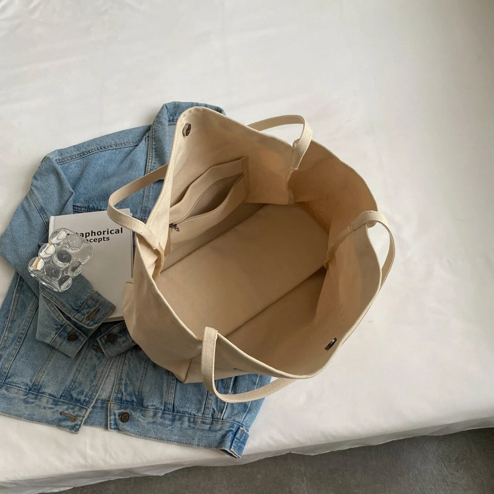 Casual Large Capacity Shoulder Bags Shopper Cotton Cloth Tote Solid Zipper Handb