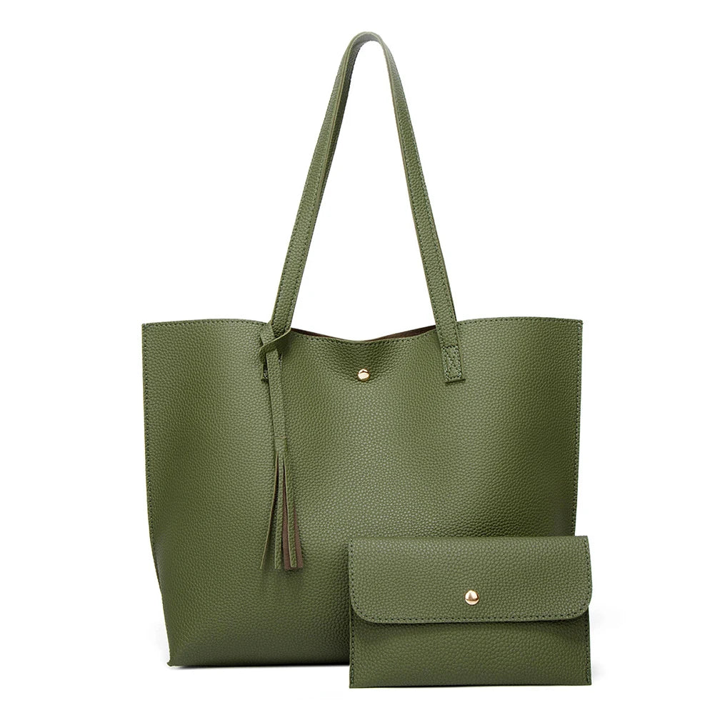 Tassel Shoulder Shopper Bag Casual Ladies Large Capacity PU Tote Handbags 2pcs