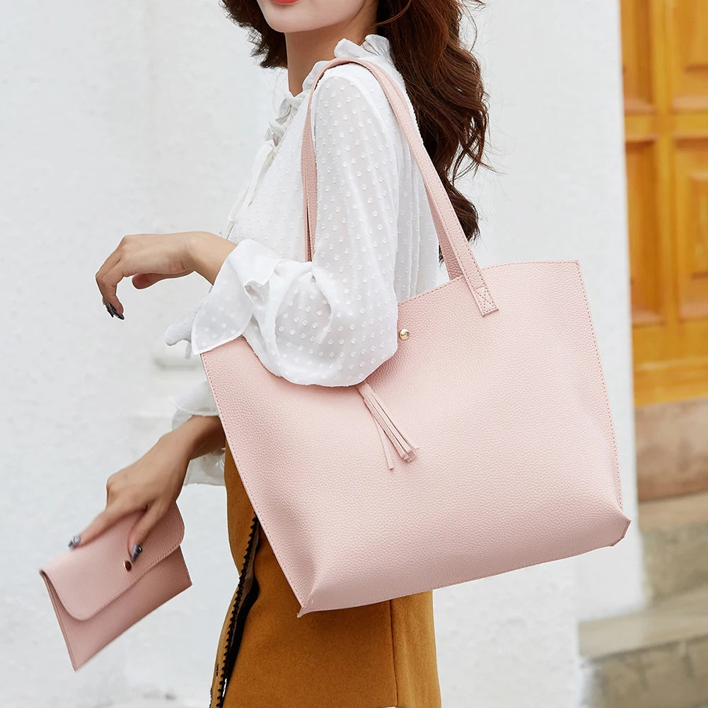 Tassel Shoulder Shopper Bag Casual Ladies Large Capacity PU Tote Handbags 2pcs