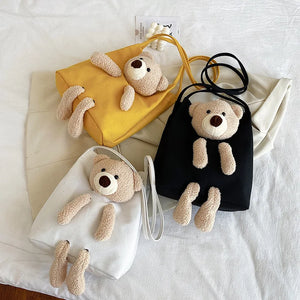 Canvas Bear Crossbody Tote Handbag Zipper Shoulder Bag for Women