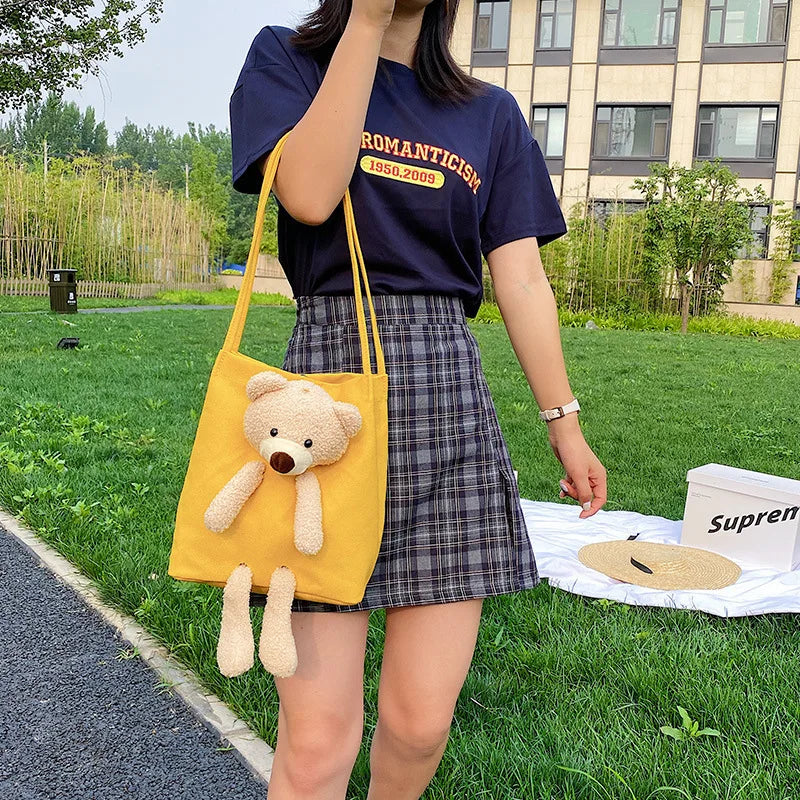Canvas Bear Crossbody Tote Handbag Zipper Shoulder Bag for Women