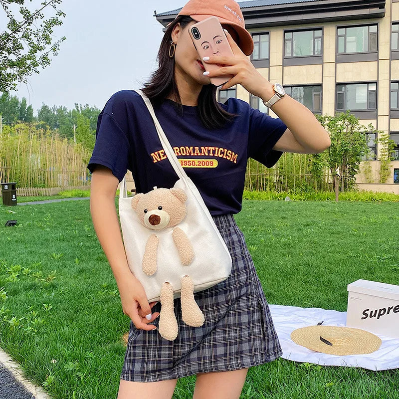Canvas Bear Crossbody Tote Handbag Zipper Shoulder Bag for Women