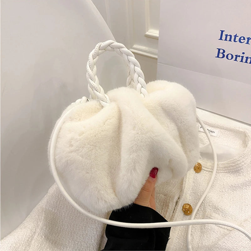 Winter Handbag Fluffy Tote Bags Woven Carry Handle Small Mini Crossbody Bags