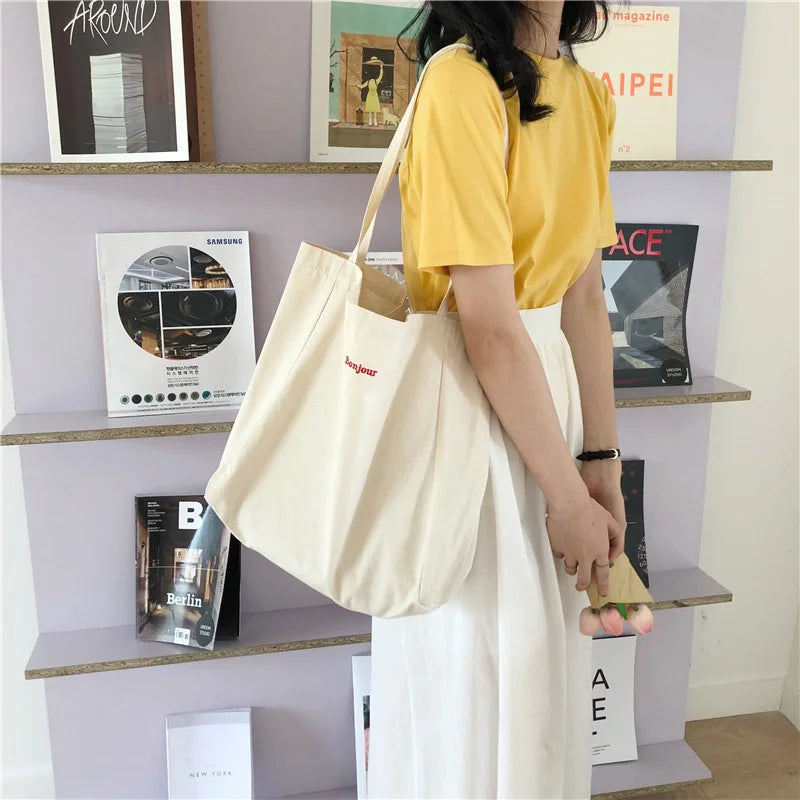 Bonjour Embroidered Canvas Shoulder Bag