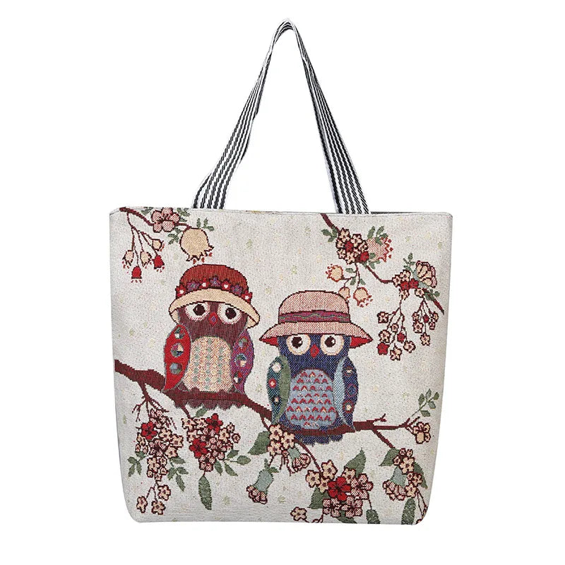 Women's Owl Embroidery Canvas Handbag Casual Tote Large Capacity Shopping Bag