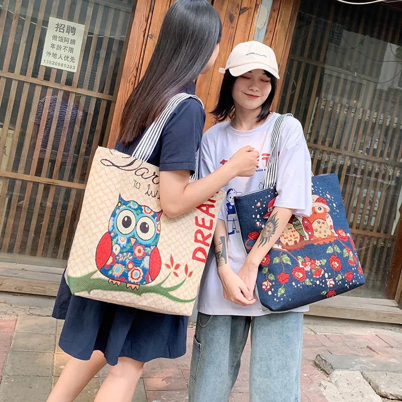 Women's Owl Embroidery Canvas Handbag Casual Tote Large Capacity Shopping Bag
