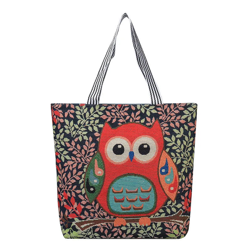 Women's Owl Embroidery Canvas Handbag Casual Tote Large Capacity Shopping Bag