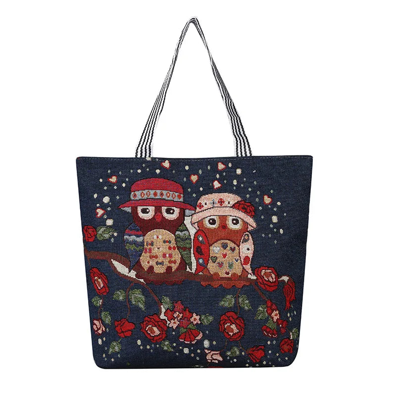 Women's Owl Embroidery Canvas Handbag Casual Tote Large Capacity Shopping Bag