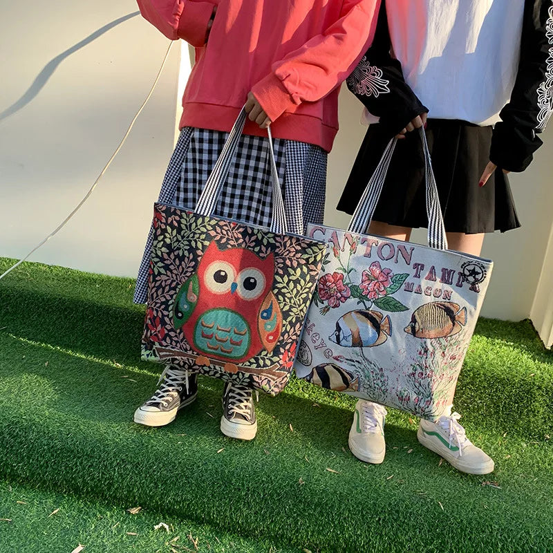 Women's Owl Embroidery Canvas Handbag Casual Tote Large Capacity Shopping Bag