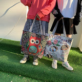 Women's Owl Embroidery Canvas Handbag Casual Tote Large Capacity Shopping Bag