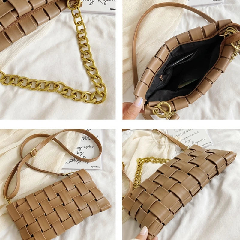 Braided Shoulder Bag PU Leather Weave Purse with Chain