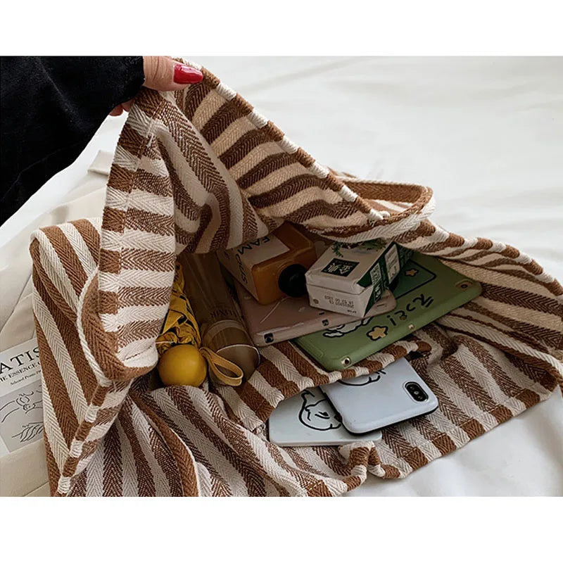 Casual Striped Tote Shoulder Bag for Women, Large Capacity Handbag