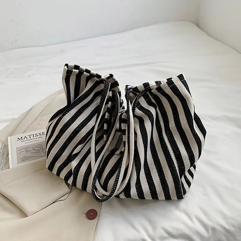Casual Striped Tote Shoulder Bag for Women, Large Capacity Handbag