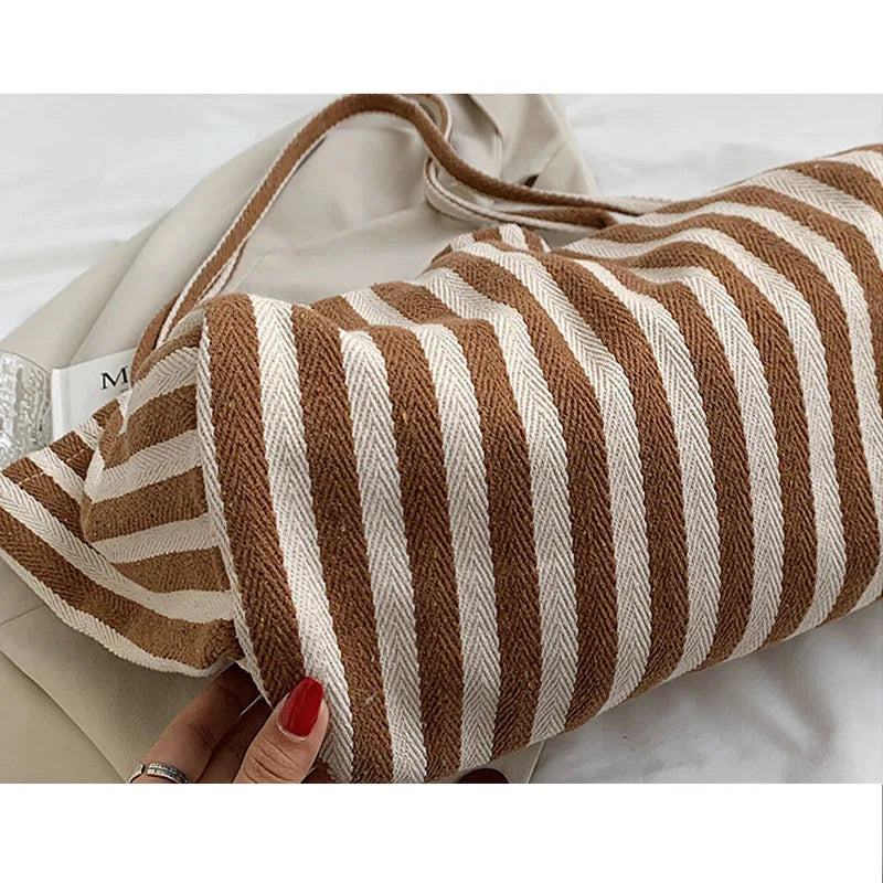 Casual Striped Tote Shoulder Bag for Women, Large Capacity Handbag