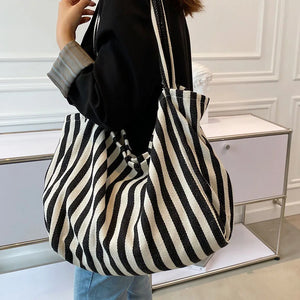 Casual Striped Tote Shoulder Bag for Women, Large Capacity Handbag
