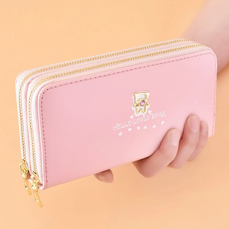 Cartoon Long Wallet with Wrist Strap, Double Zipper Phone Bag