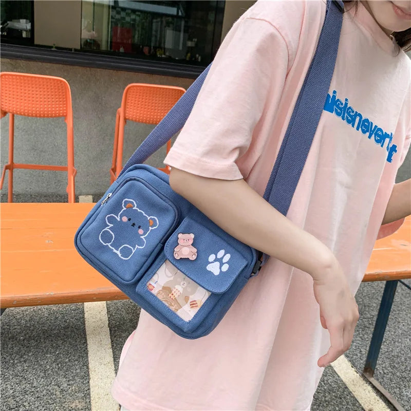 Women's Canvas Printed Bear Messenger Bag Sweet Cartoon Student Shoulder Bag