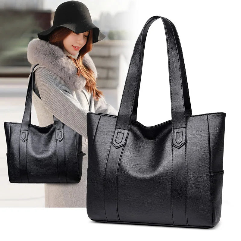Women's PU Leather Handbag Large Tote Bag Double Shoulder Strap Shopping Bag