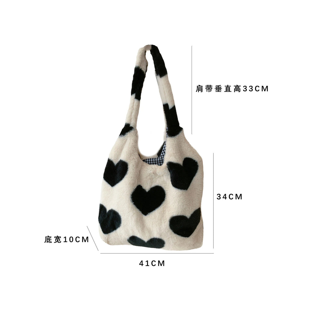 Women's Plush Shoulder Bag Canvas Tote Fluffy Handbag Large Capacity