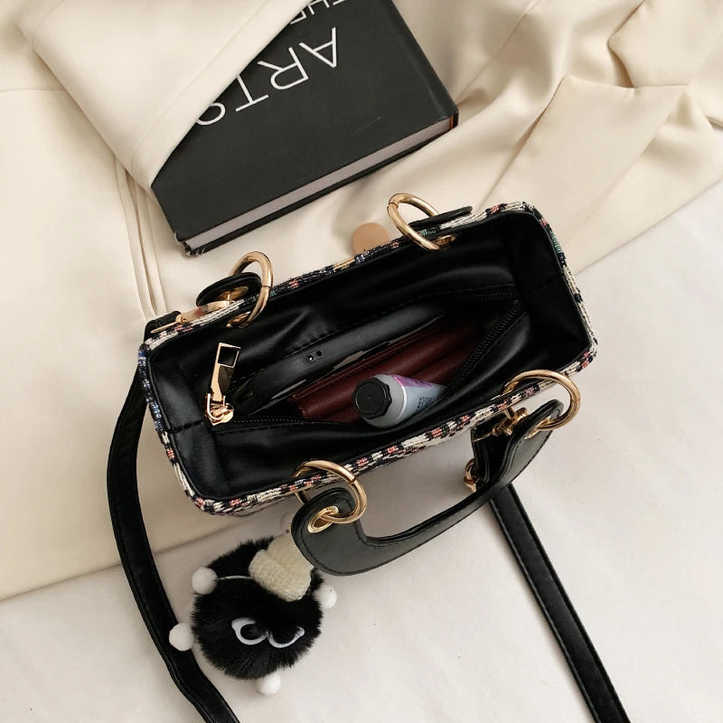 Women's Leather Canvas Shoulder Bag Stylish Square Crossbody Bag