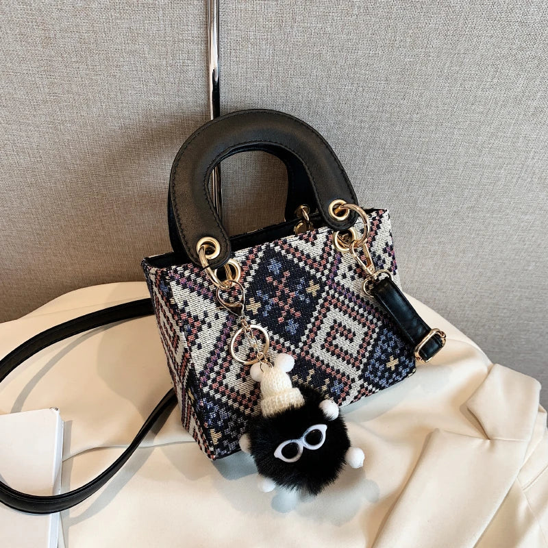 Women's Leather Canvas Shoulder Bag Stylish Square Crossbody Bag