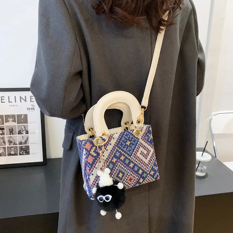 Women's Leather Canvas Shoulder Bag Stylish Square Crossbody Bag