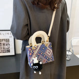 Women's Leather Canvas Shoulder Bag Stylish Square Crossbody Bag