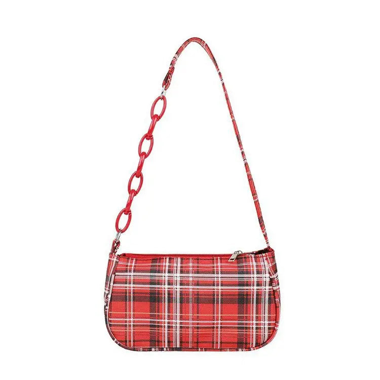 Retro Plaid Underarm Bag Chain Strap Zipper Mini Handbag Ladies Shoulder Bag