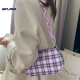 Women's Plaid Shoulder Bag Retro Chain Mini Handbag Zipper Casual