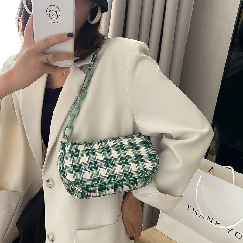 Retro Plaid Underarm Bag Chain Strap Zipper Mini Handbag Ladies Shoulder Bag