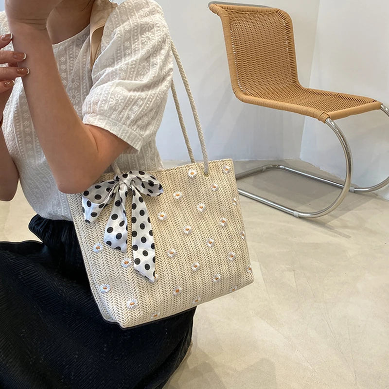 Women's Straw Bag Flower Woven Beach Shoulder Tote Large-capacity Handbags