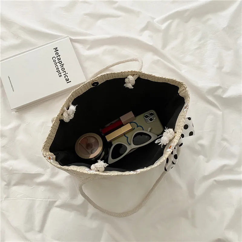 Women's Straw Bag Flower Woven Beach Shoulder Tote Large-capacity Handbags