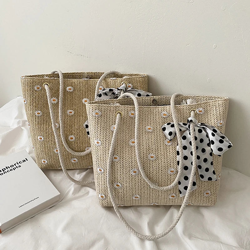 Women's Straw Bag Flower Woven Beach Shoulder Tote Large-capacity Handbags
