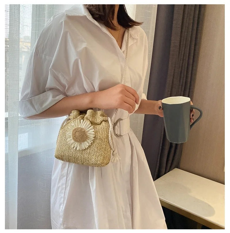 Women's Straw Tote Bag Weave Handbags Bucket Shape Beach Shoulder